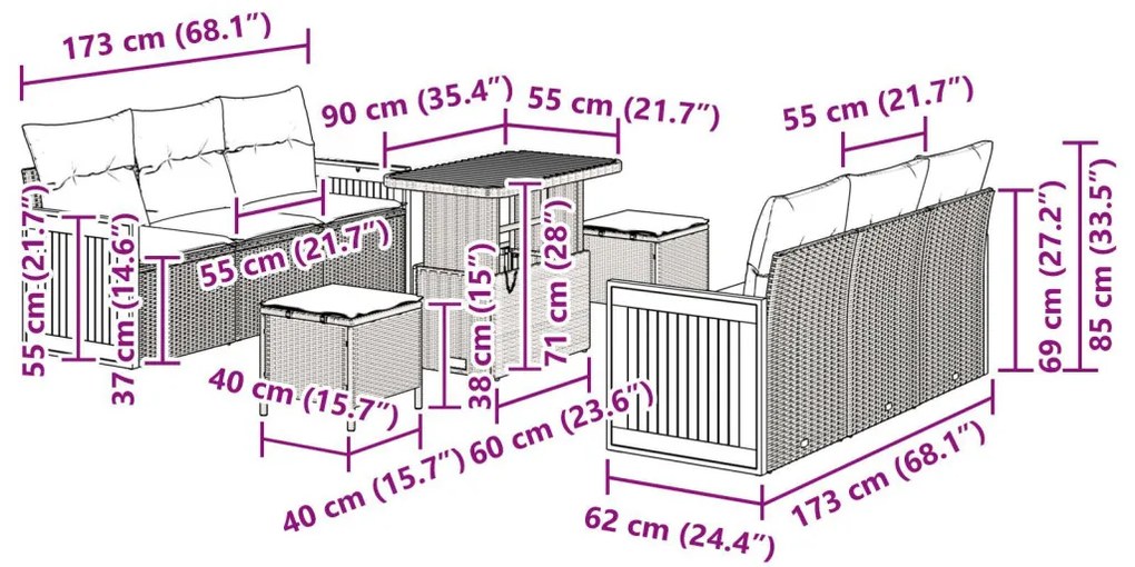 9 darabos kerti kanapé párnákkal szürke poli rattan akáccal, 2 személyes kerti kanapé párnákkal szürke poli rattan, 3 darabos kerti étkező szett párnákkal szürke poli rattan akáccal