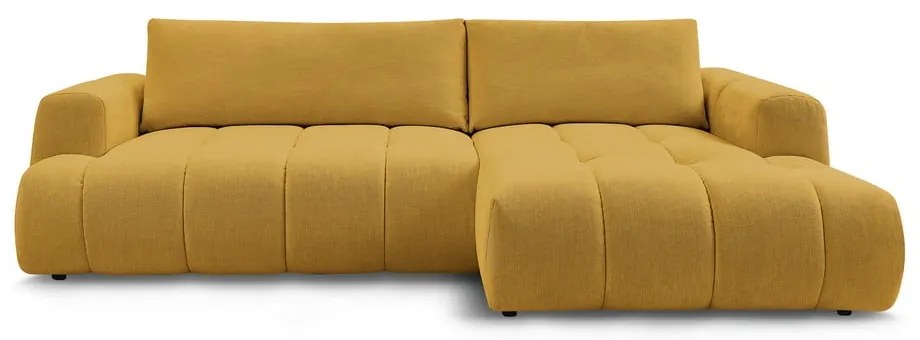 Mustársárga kinyitható-tárolóhelyes sarokkanapé (jobb oldali-heverő résszel) Fuji – Bobochic Paris