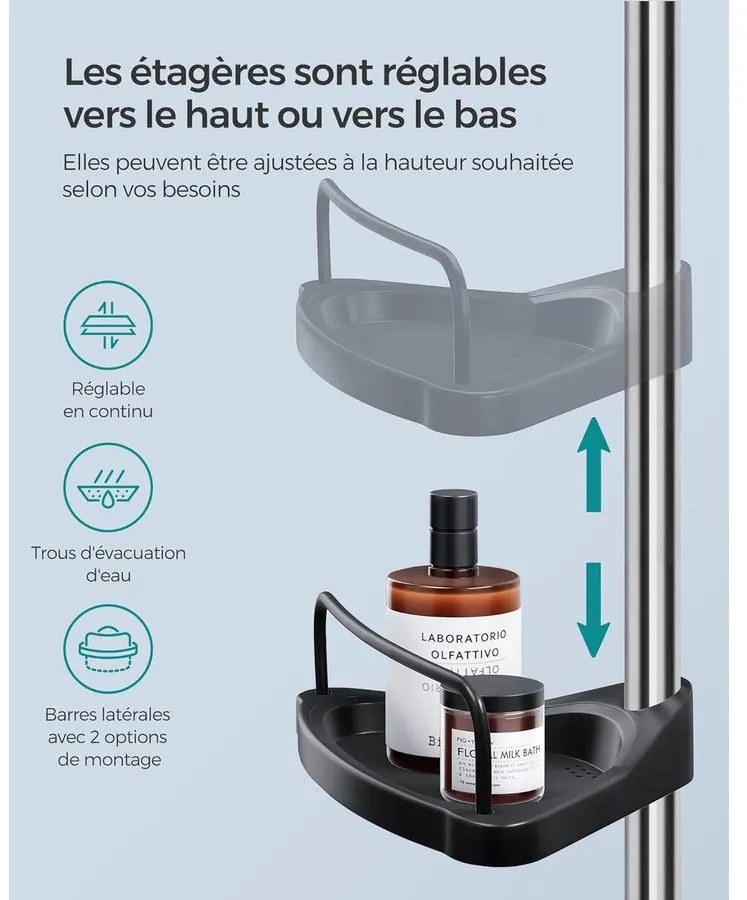 Állítható magasságú zuhanypolc 95-300 cm, teleszkópos  fürdőszobai tároló, ezüst és fekete