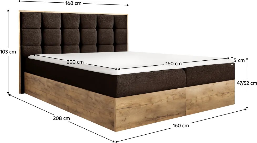 Boxspring ágy, 160x200, barna Paros szövet/lancelot tölgy, WOOD 1