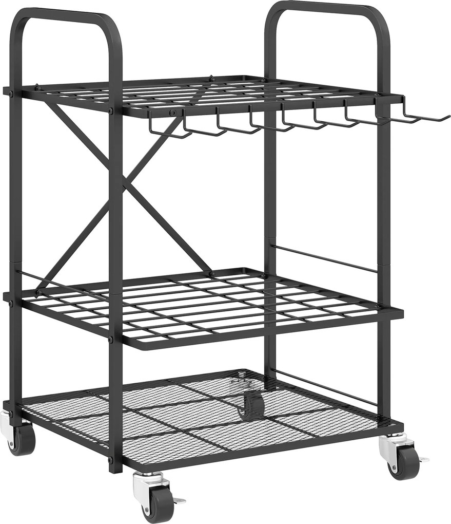 Outsunny Kerti Eszköz Szervező 9 Horoggal, 40 Rekeszes Kerti Eszköztartó, Fém Garázs Eszköztartó Kerekeken Késélezők, Lapátok, Gereblyék számára, Feke