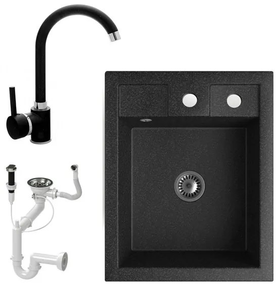 Gránit mosogató NERO Parma + magasított csaptelep + dugókiemelő + szifon (fekete)