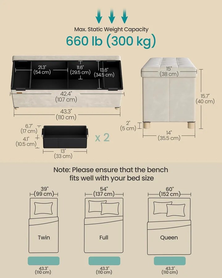 SONGMICS Összecsukható tárolós pad – 112 L, bársonyos, lábtartónak is, cappuccino bézs