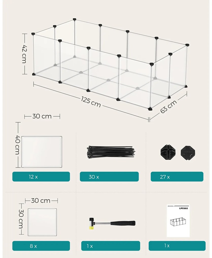 SongmicsHome BEN átlátszó műanyagból készült kisállat ketrec, 125x63x42 cm, átlátszó