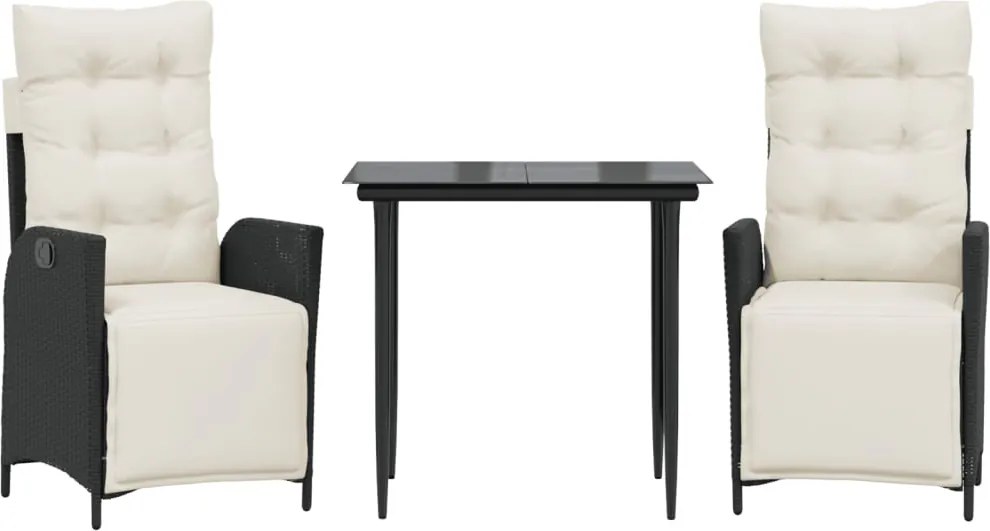 vidaXL 3 részes fekete polyrattan kerti étkezőgarnitúra párnákkal