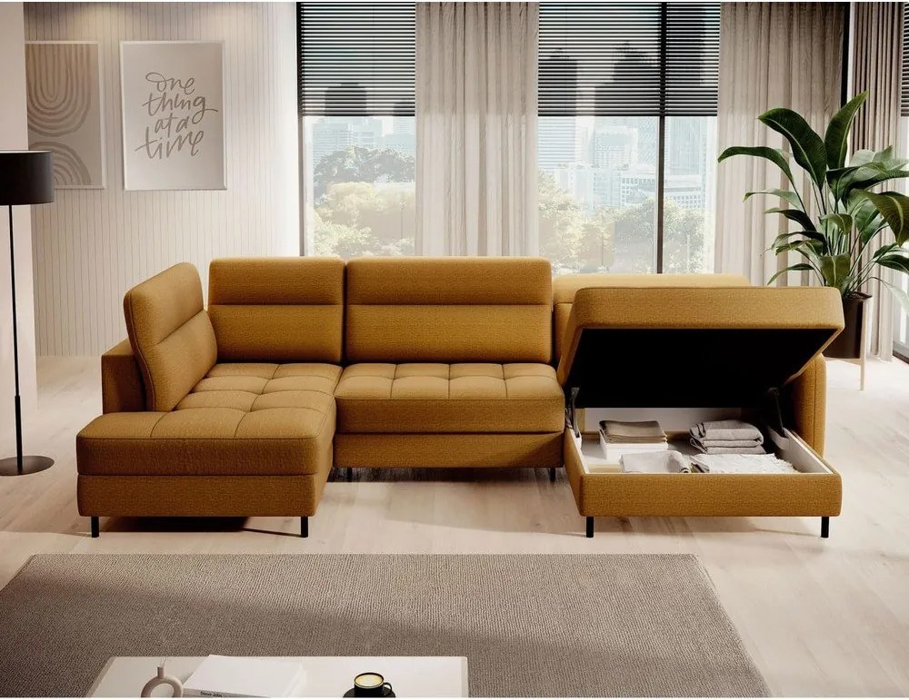 Sárga bársony kinyitható-tárolóhelyes sarokkanapé (bal oldali-U alakú) Berrto – ELTAP