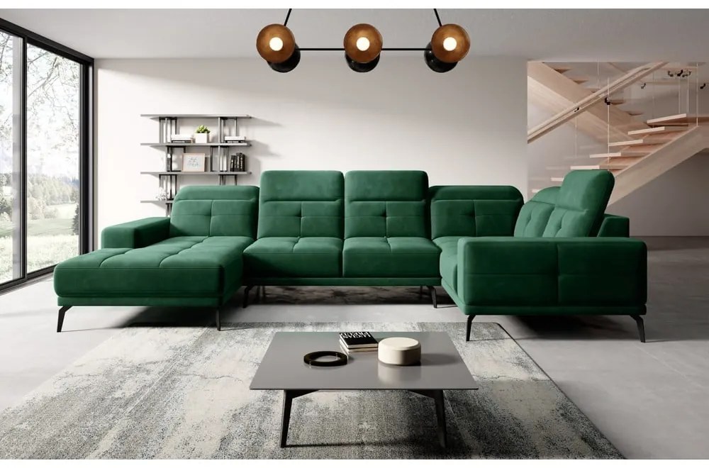 Zöld bársony sarokkanapé (jobb oldali-U alakú) Neviro – ELTAP