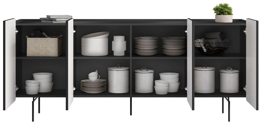 Malmi komód 200 cm négyajtós - matt fekete / fekete lábak