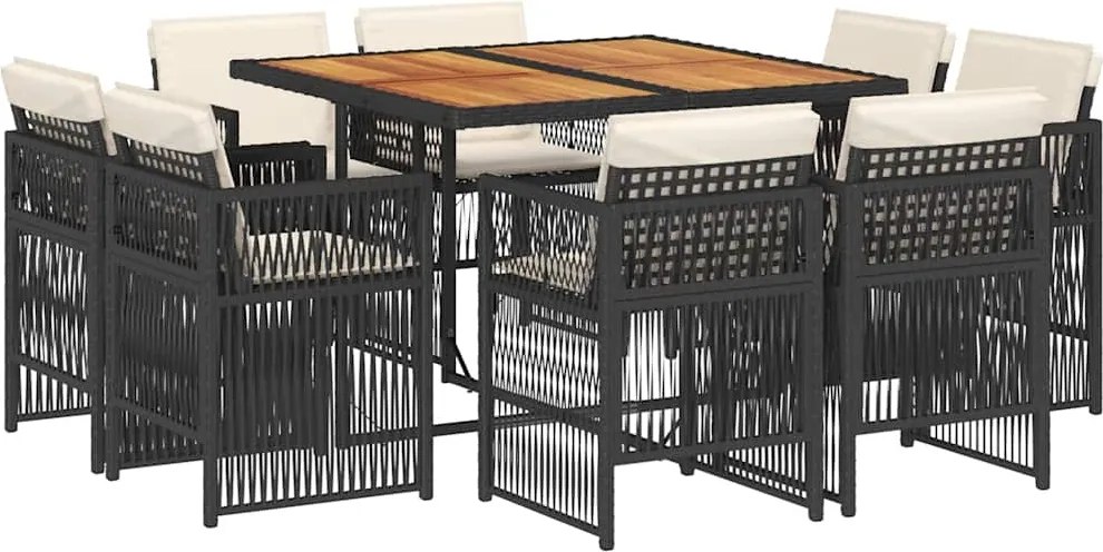vidaXL 9 részes fekete polyrattan kerti étkezőgarnitúra párnákkal