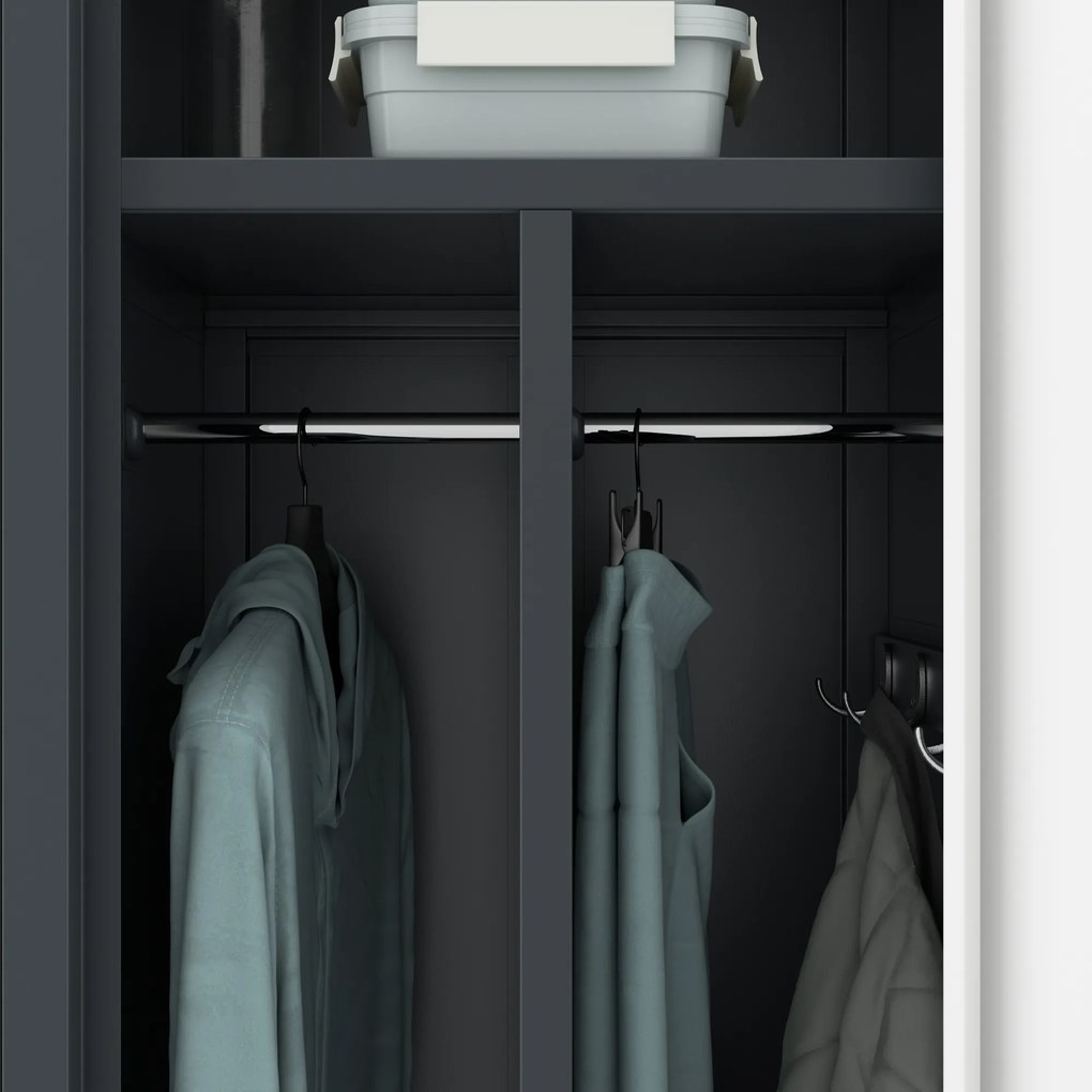 Pléh öltözőszekrény talpazaton, kétmodulos, polccal és köztes fallal KACPER, 800 x 1800 x 500 mm, antracit-fehér