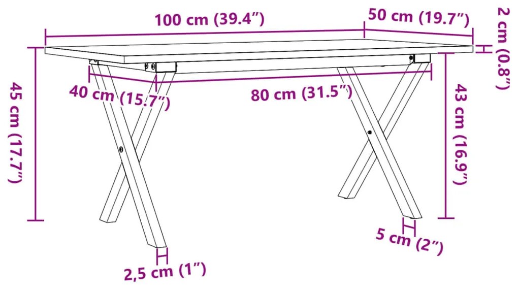 tömör fenyőfa és öntöttvas dohányzóasztal X-vázzal 100x50x45 cm