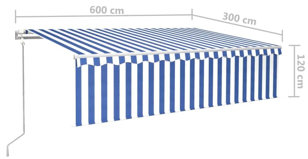 kék és fehér redőnyös, szélérzékelős, LED-es napellenző 6x3 m