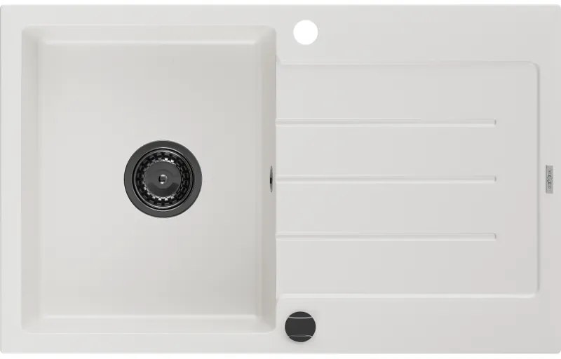 Mexen Bruno, gránit mosogató 795x495x200 mm, 1 kamrás, fehér, fekete szifonnal, 6513791010-20-B