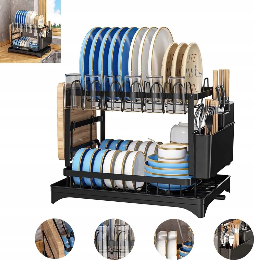 Álló Edényszárító, Dupla Szintes, Nagy Méretű, 11 tányér 18 tál részére, Fekete