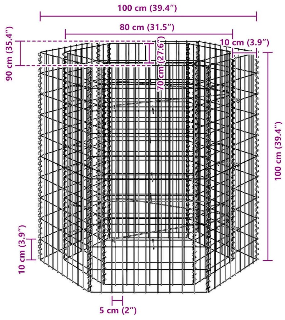 hatszögletű gabion magaságyás 100 x 90 x 100 cm