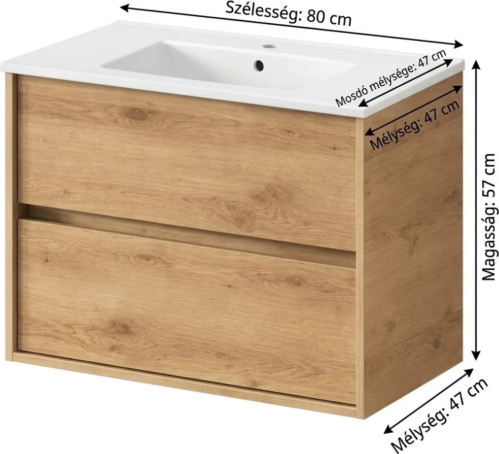 RODO fürdőszoba mosdószekrény + mosdó 80 cm NATÚR TÖLGY (összeszerelve)