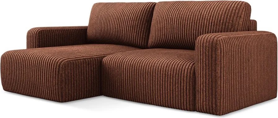 Terrakotta színű kordbársony kinyitható-tárolóhelyes sarokkanapé (bal oldali-heverő résszel) Kona – Makamii