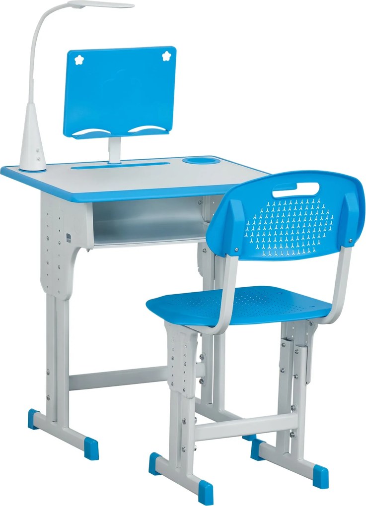 HOMCOM Gyermek Íróasztal és Szék Készlet 6-12 Éveseknek LED Lámpával, Könyvtartóval és Polccal, Kék | Aosom