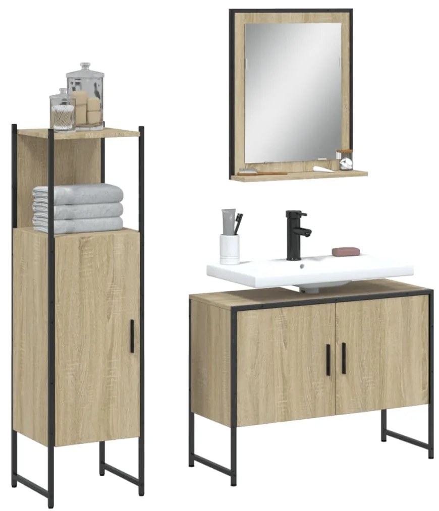 3 részes sonoma tölgy színű szerelt fa fürdőszobaszekrény-szett