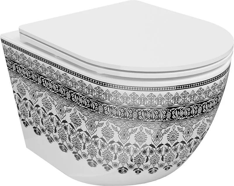 Mexen Lena Rimless WC csésze lassan záródó Slim üléssel, duroplast, fehér/fekete mintás - 30224095