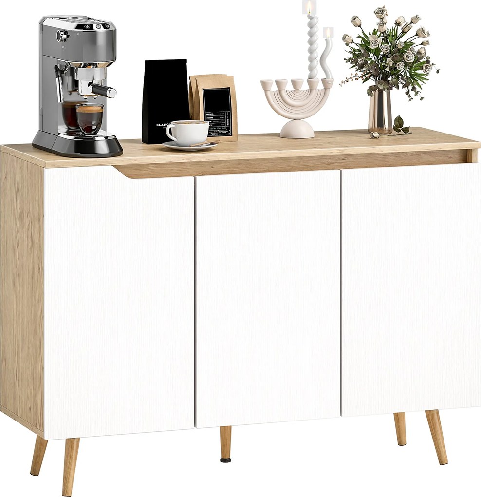 HOMCOM tálalószekrény, 3 ajtós, 2 állítható polc, 5 Hevea gumifa láb, rusztikus tölgy/fehér, 107 x 35 x 76,5 cm | Aosom
