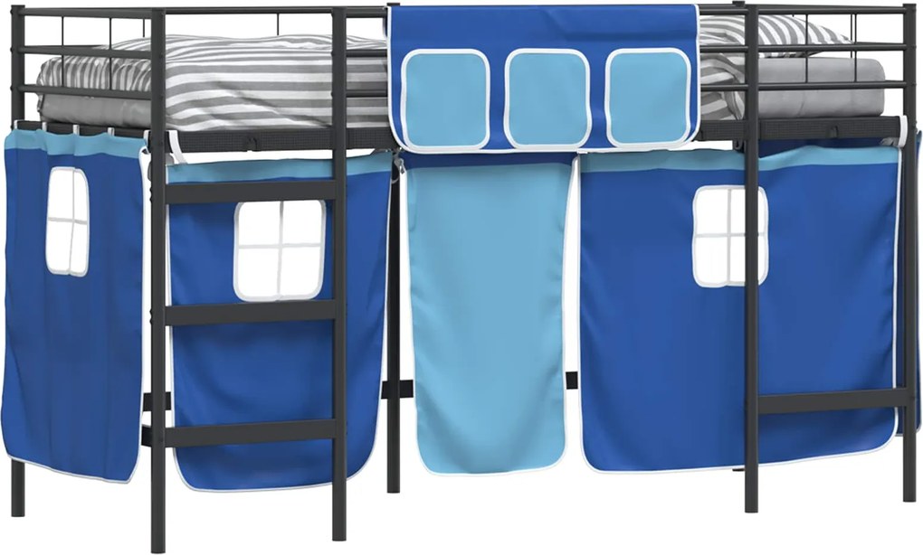 vidaXL Gyerek Loft Ágykeret Függönyökkel Fekete és Kék 90 x 190 cm