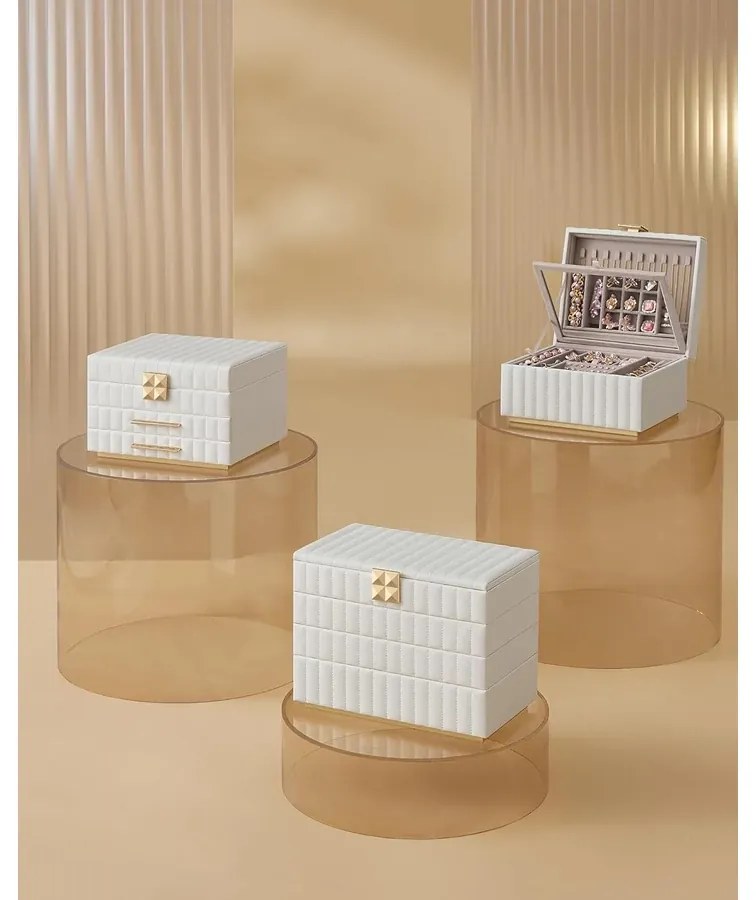 3 szintes ékszerdoboz tükörrel, ékszertartó 2 fiókkal, felhőfehér