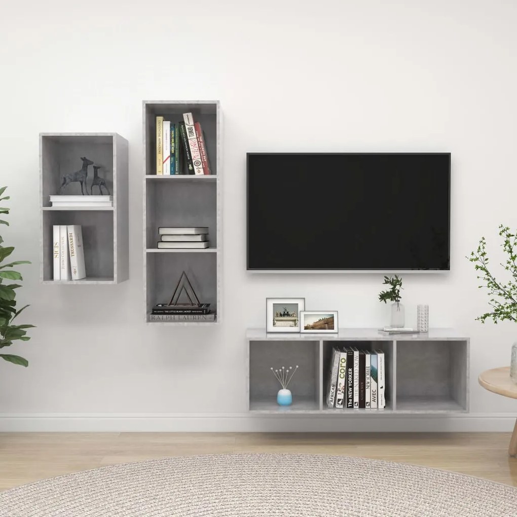 3 részes betonszürke szerelt fa TV-szekrény szett