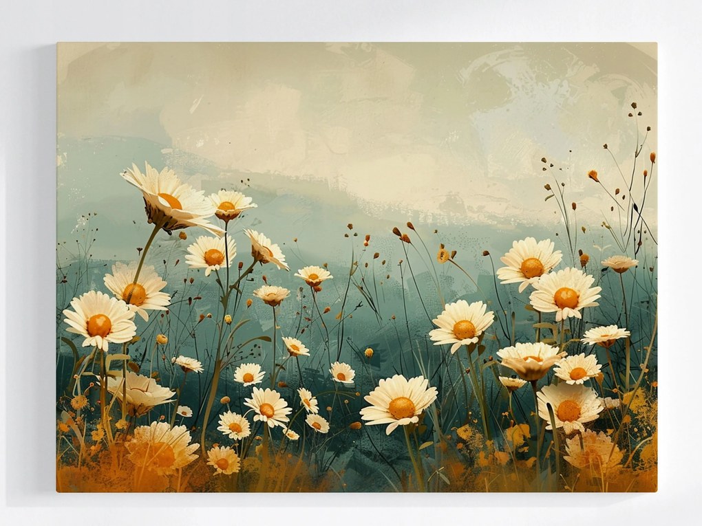 Poszter Rét Virágok Margaréták Pasztell Retro Tájkép 100x75