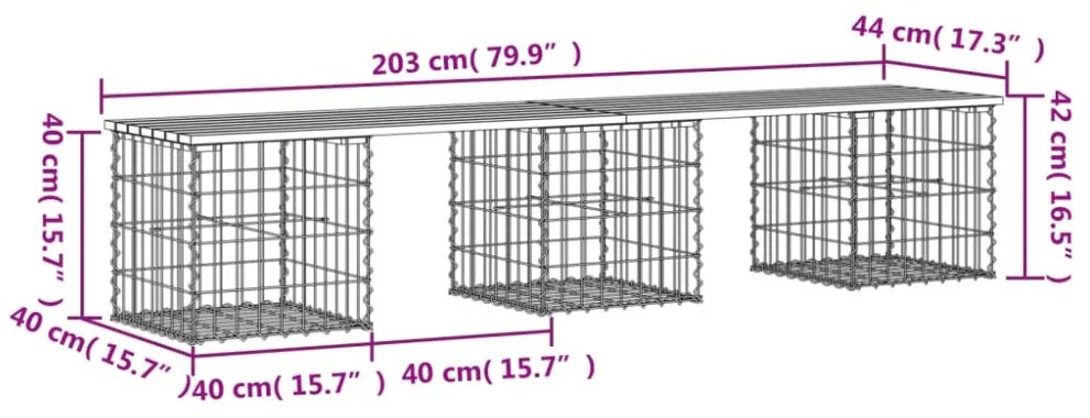 tömör fenyőfa gabion kerti pad 203x44x42 cm