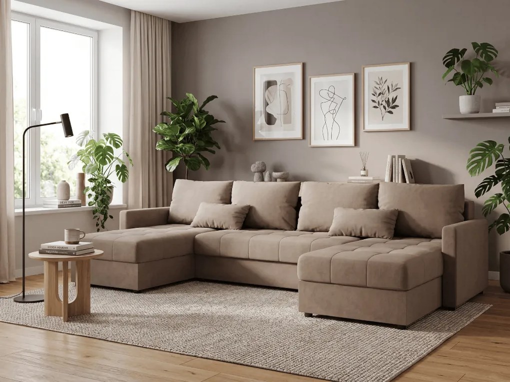 Kihúzható U alakú ülőgarnitúra VENORIA 285x146 cm, bézs + 2 párnácska INGYEN