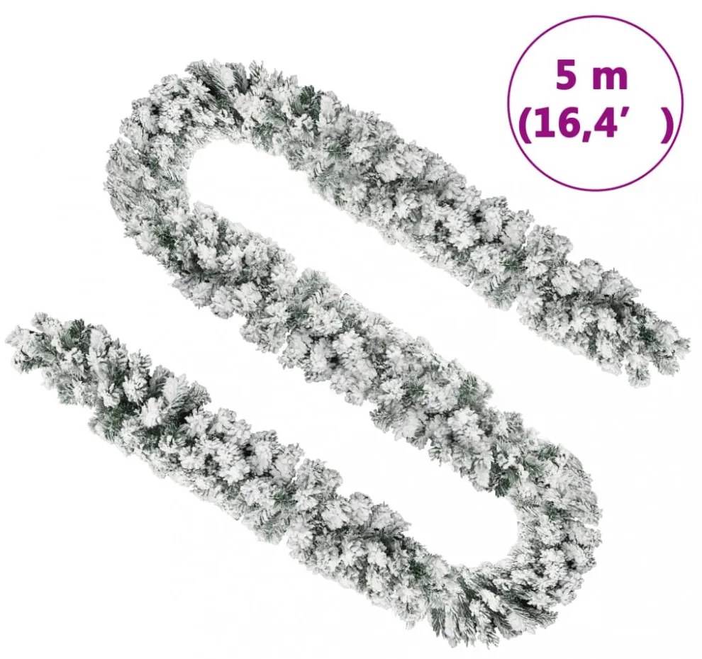 zöld PVC karácsonyi füzér pelyhes hóval 5 m