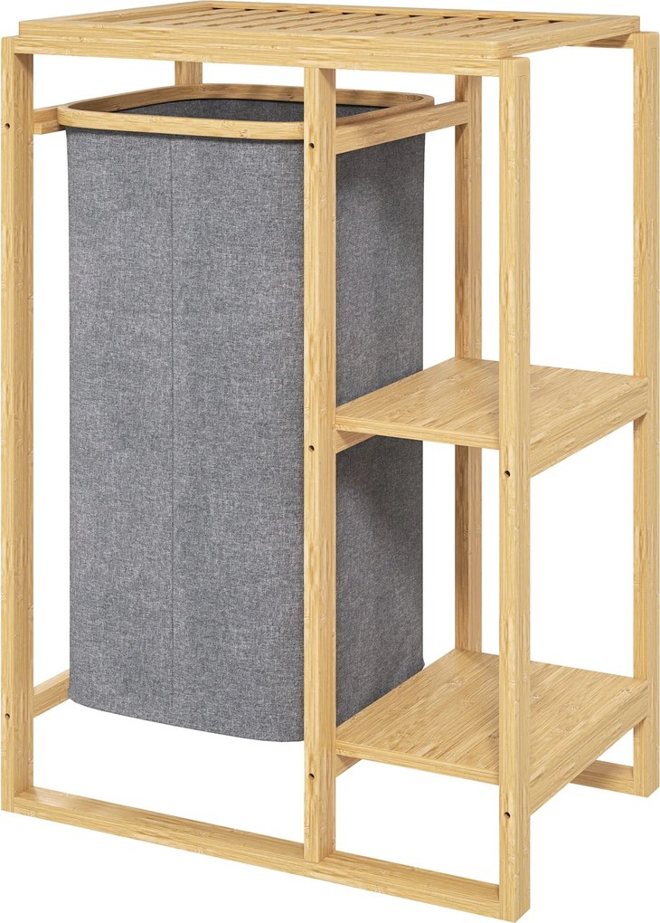 HOMCOM Szennyes Kosár Kihúzható Táskával, Fürdőszobai Szennyes Kosár Lécezett Polcokkal Bambuszból, 50x32x70 cm, Szürke | Aosom