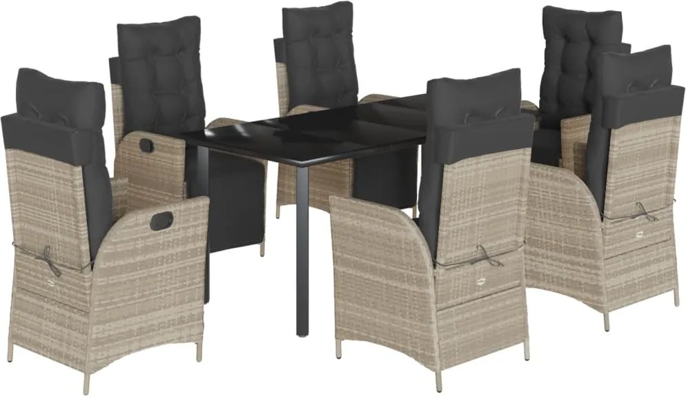 vidaXL 7 részes világosszürke polyrattan kerti étkezőszett párnával