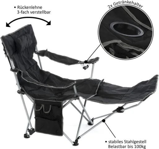 DIVERO Kempingszék levehető lábtartóval fekete