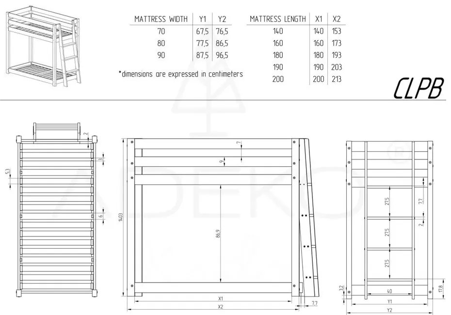 Emeletes fenyőfa gyerekágy 80x200 cm CLPB - Adeko