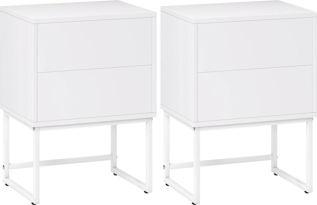 HOMCOM 2 db keskeny éjjeliszekrény 2 nyomásra nyitható fiókkal és acél lábakkal, modern stílus, 40x30x55 cm, fehér | Aosom