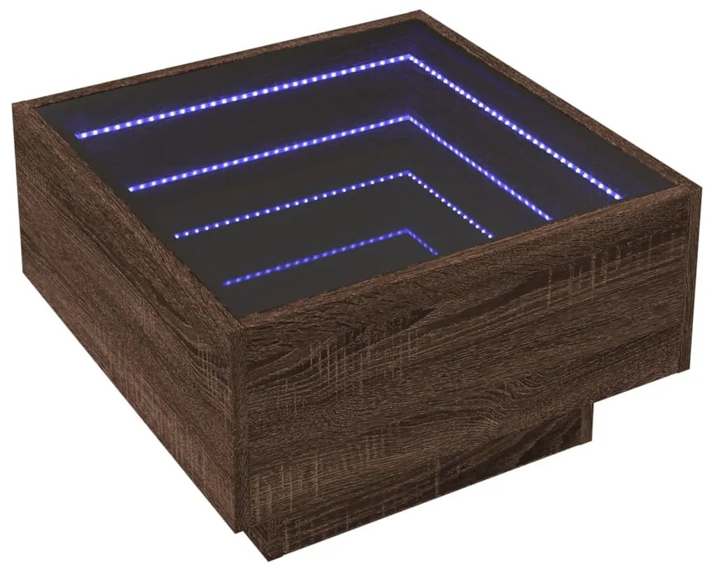 Barna tölgy szerelt fa dohányzóasztal LED-del 50 x 50 x 30 cm
