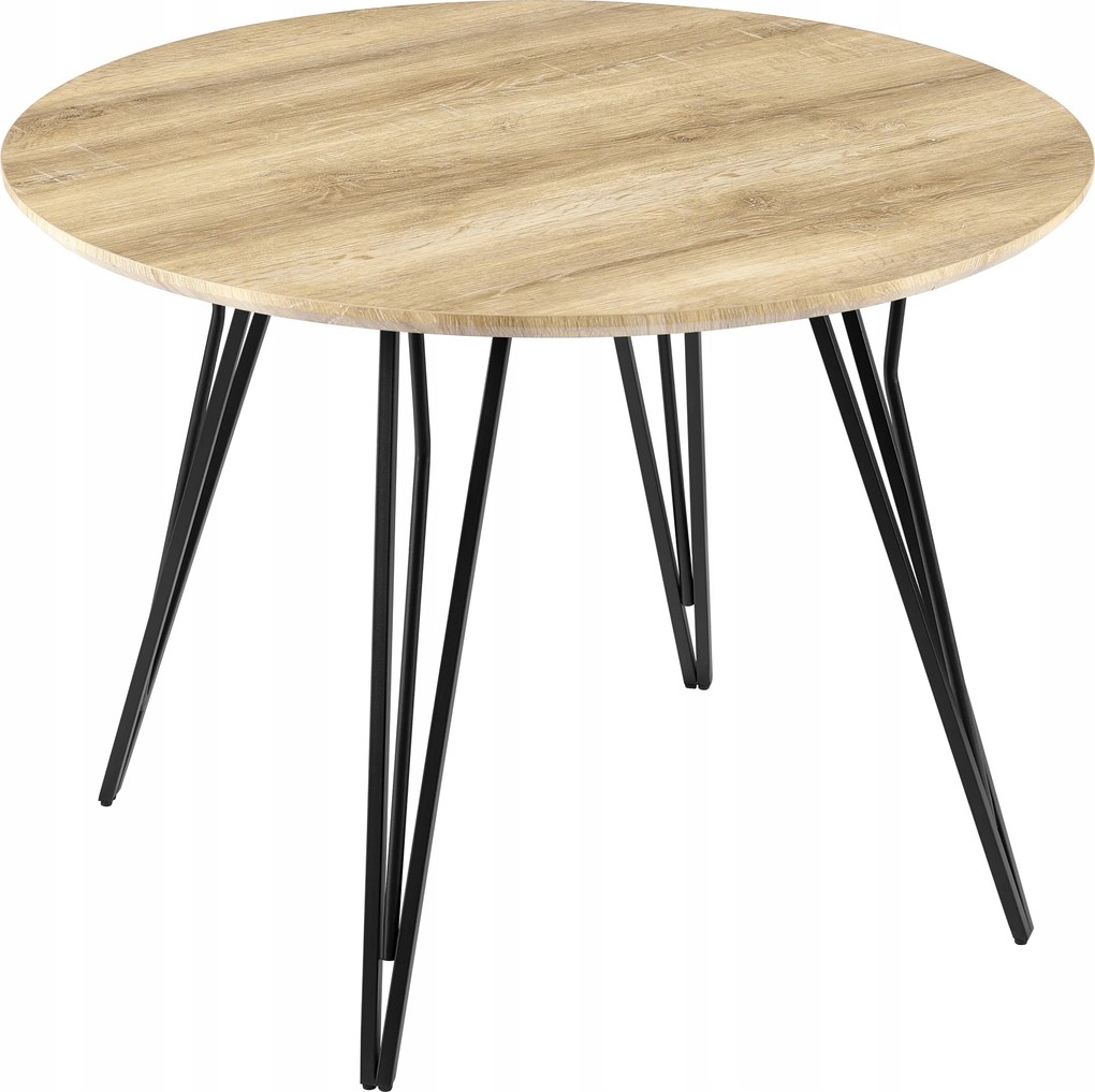 Étkezőasztal Kerek 100cm Tölgy színben Világos Fekete Fém Lábak Loft