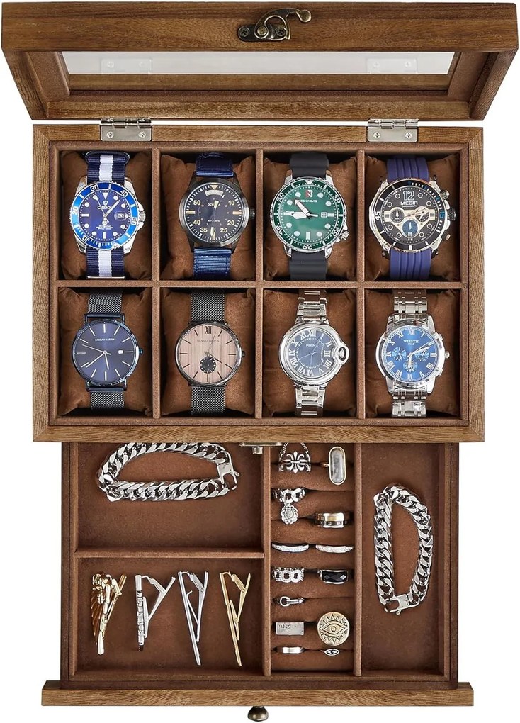 Óradoboz, ekszerdoboz üvegfedéllel, 27 x 13 x 20 cm, rusztikus dió