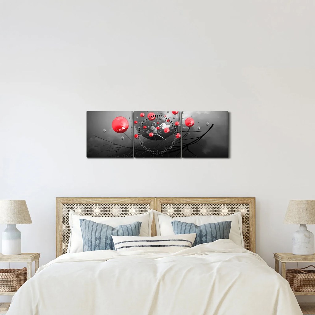 Piros absztrakt gömbök képe (órával) (90x30 cm)