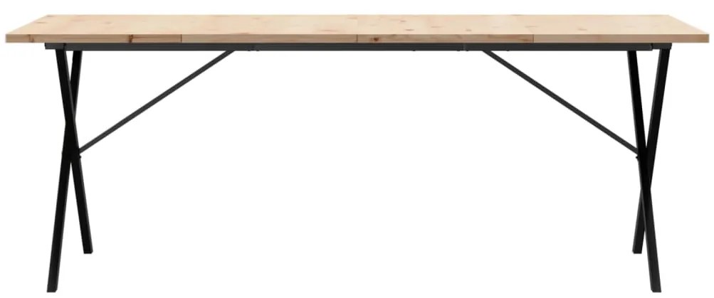 Tömör fenyőfa és acél X-vázú étkezőasztal 200x100x75,5 cm