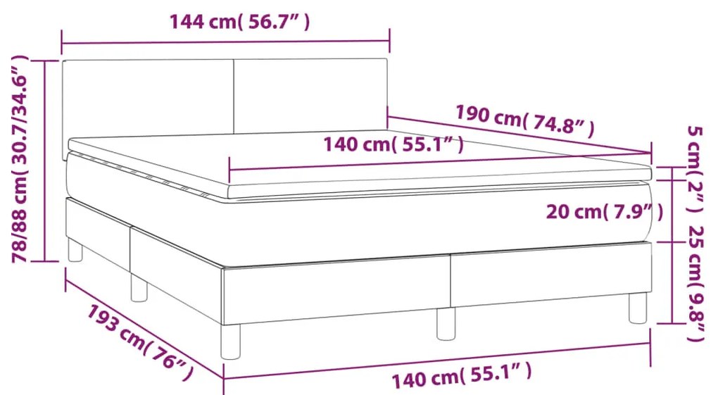 tópszínű szövet rugós és LED-es ágy matraccal 140x190cm