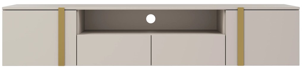 Verica 200 cm-es TV-szekrény, falra szerelhető, nyitott polccal - kasmír / arany fogantyúk