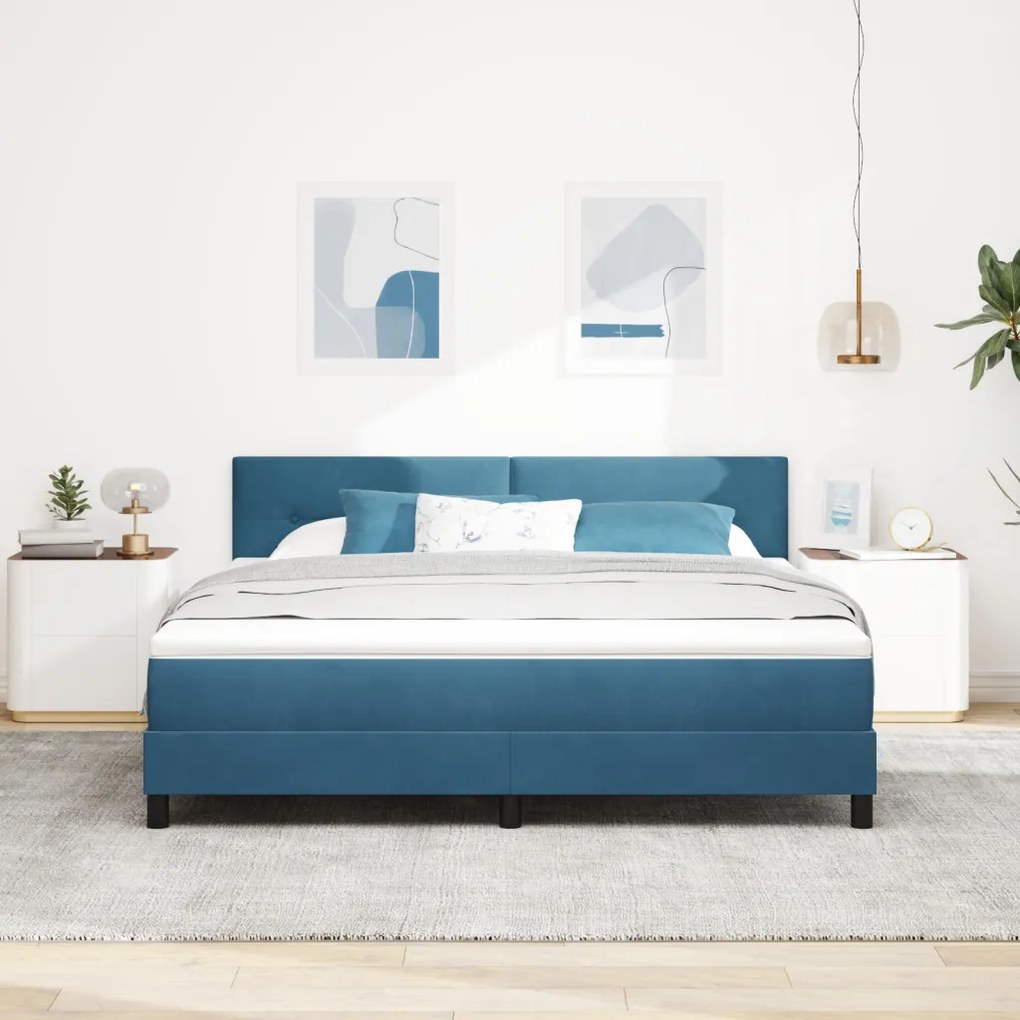 Boxspring Ágy Matrac és LED Sötétkék 180x200 cm Bársony