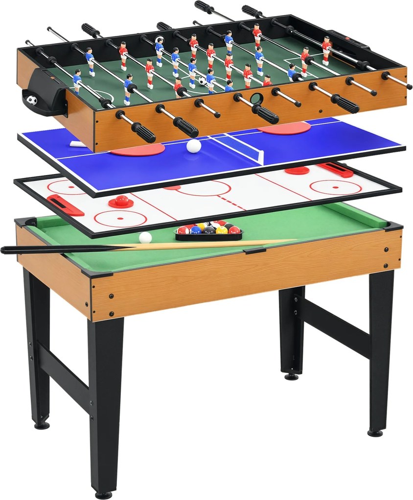 HOMCOM 4-in-1 Többjátékos Asztal: Ping-pong, Biliárd, Foci és Tartozékok, Multifunkcionális Asztal Gyerekeknek és Felnőtteknek 107 x 61 x 84.5cm Termé