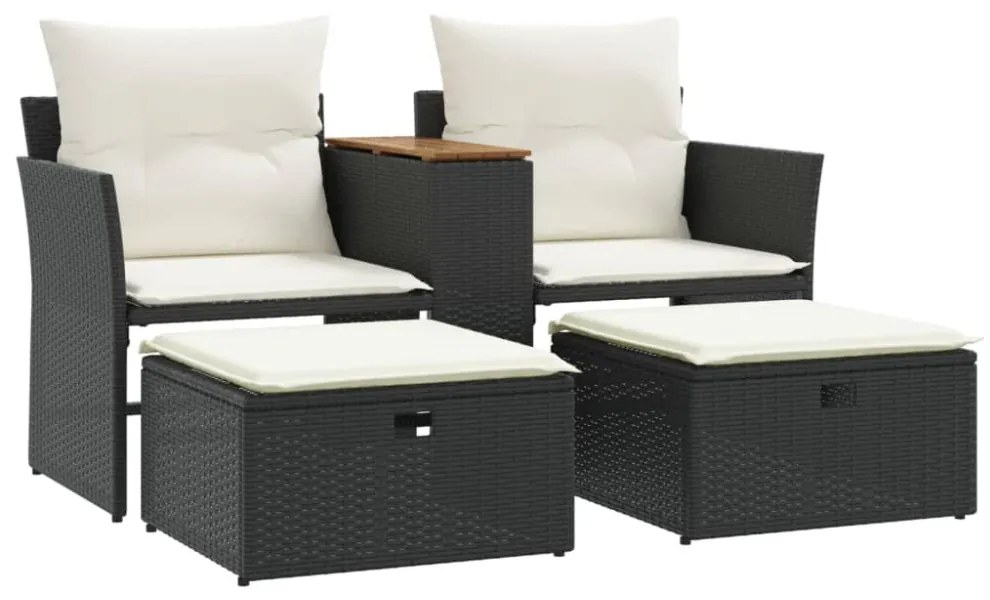 2 személyes fekete polyrattan kerti kanapé zsámollyal