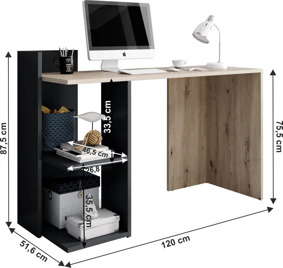 PC asztal, artisan tölgy/grafit-antracit, ANDREO