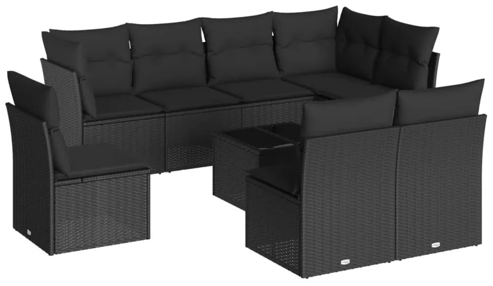9 részes fekete polyrattan kerti ülőgarnitúra párnákkal
