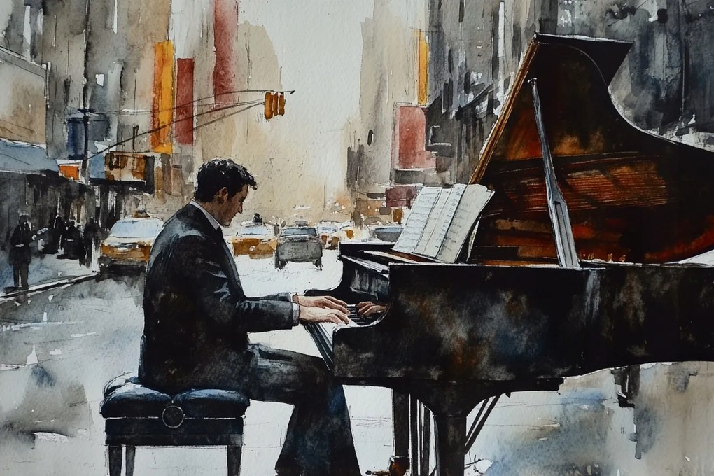 Vászonkép Canvas Város Férfi Zongora Zene 60x40